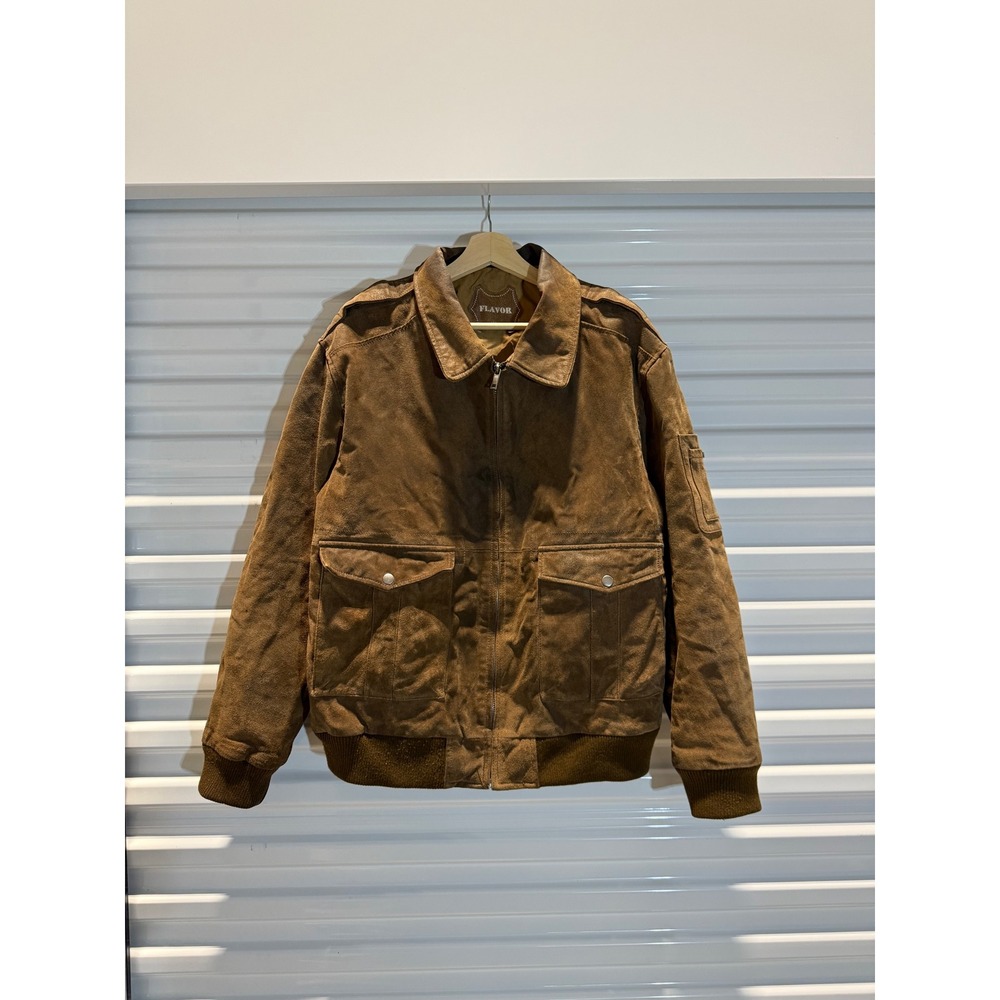 Flavor Brown Suede Leather Bomber Flight Jacket‎ Full Zip Epaulets Large